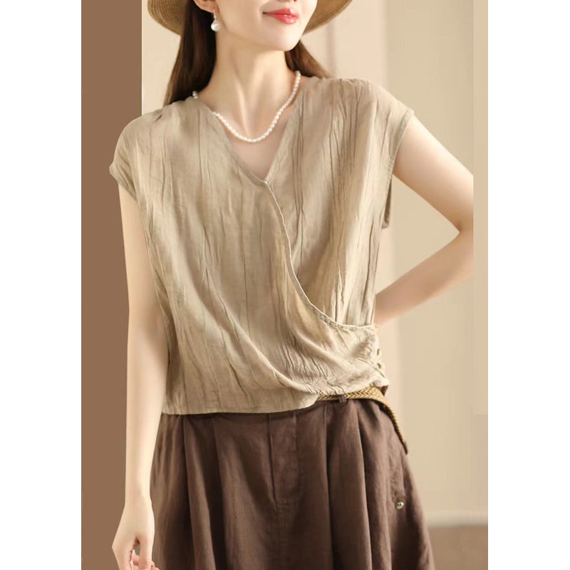 Sleeveless Wrinkled Cotton Shirt Neck T V Khaki Art