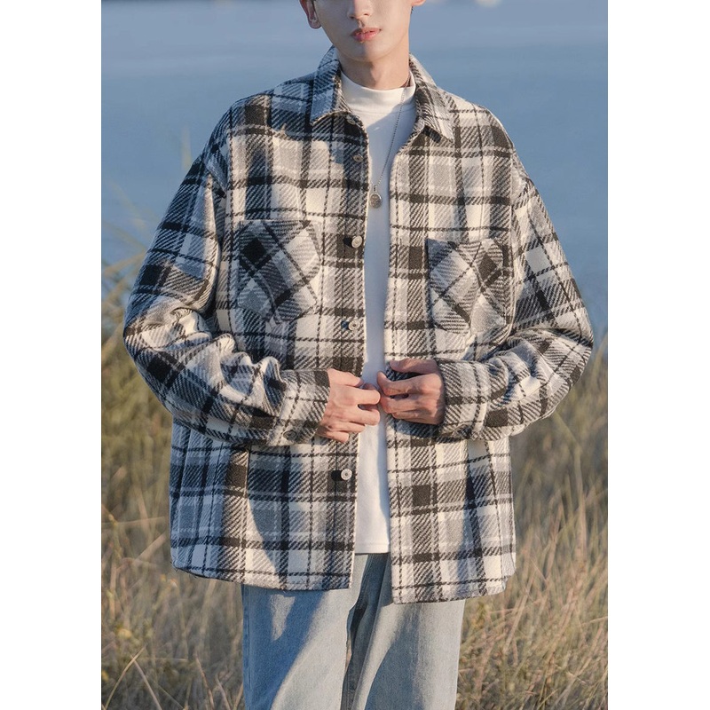 Spring Black Shirts Chic Pockets Plaid Coats Woolen Button Men