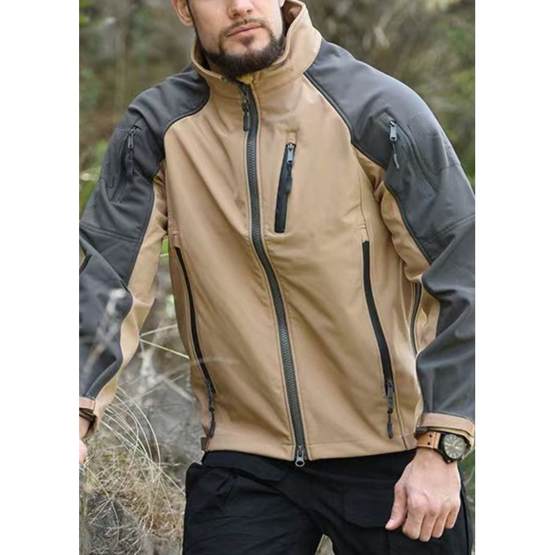 Spring Khaki Fleece Art Coat Men Zip Up Warm Patchwork Pockets
