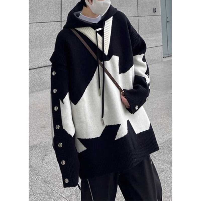 Spring Men Sweaters Hooded Cozy Knit New Patchwork Black