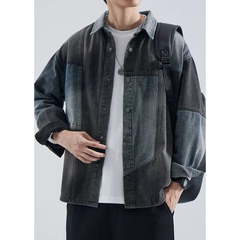 Spring Pan Coat Men Denim Button Collar Peter Vintage Colorblock