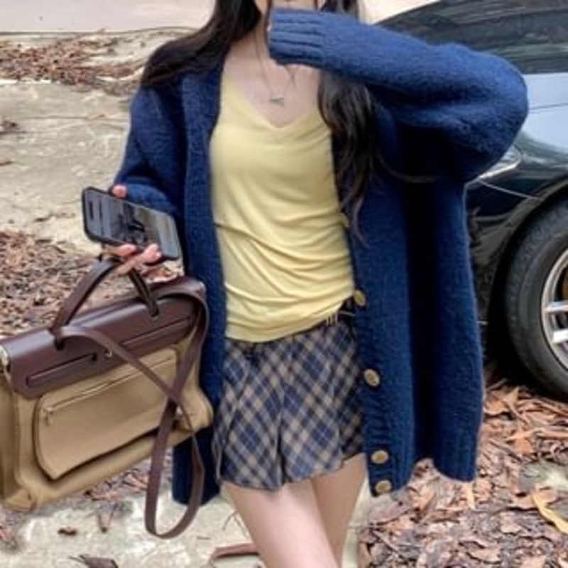 Tee Mid Skirt Sleeve Plaid Mini Cardigan V-Neck Waist / Pleated Plain Long
