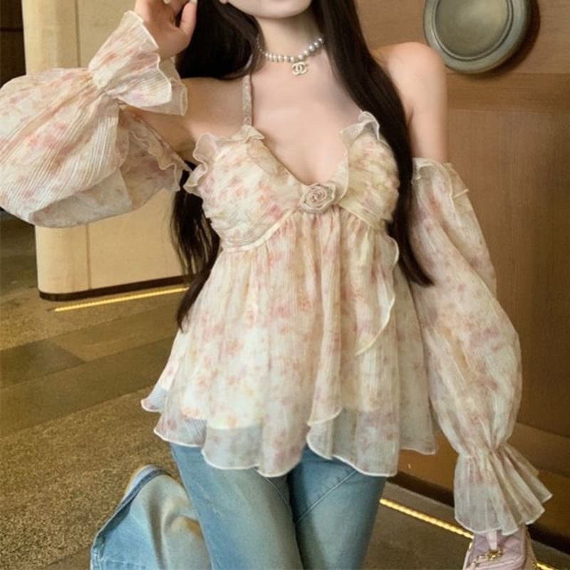 Top Halter Ruffle Floral|With Arm Sleeves – Almond|S|M