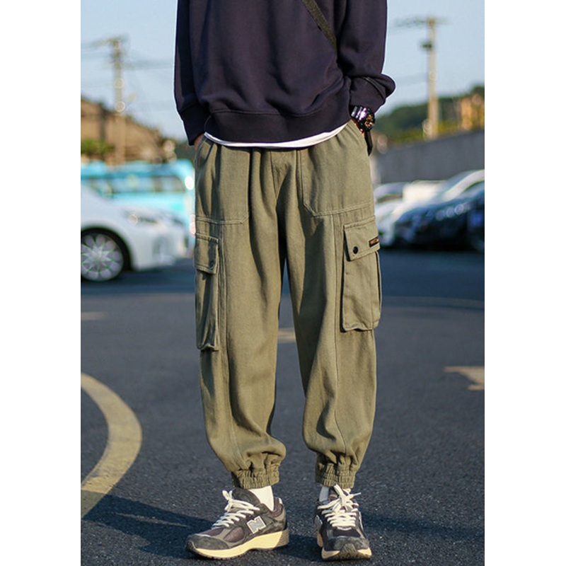 Waist Green Beam Men Cool Elastic Pockets Fleece Pants Army Warm