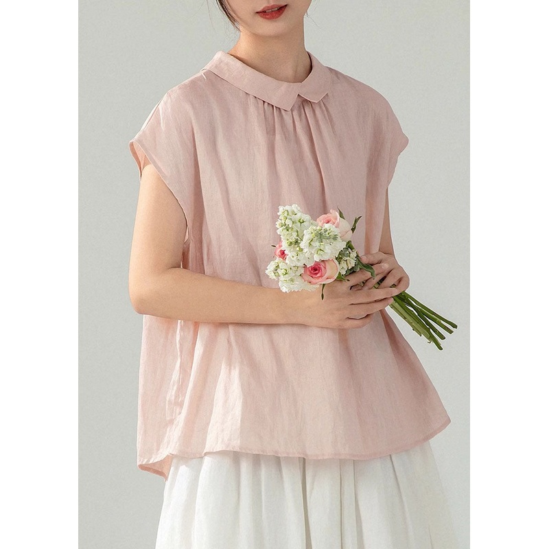 Women Shirt Pan Summer Pink Peter Button Cotton Collar Solid