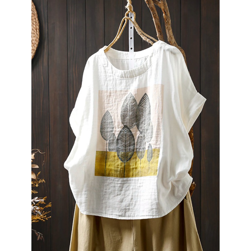Women Shirt Summer O-Neck Print Casual Cotton