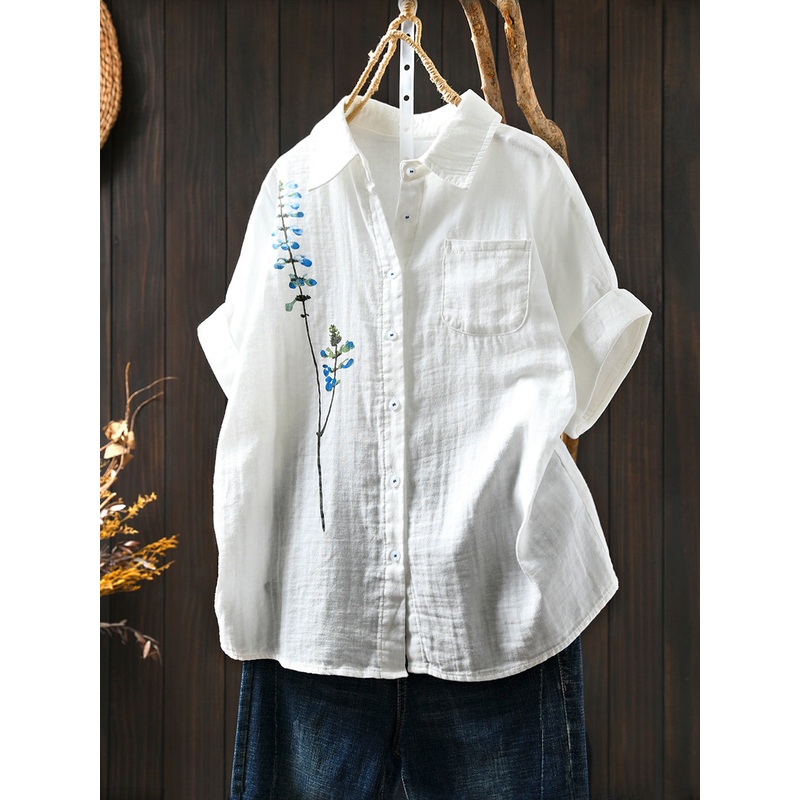 Women Shirt Tun-down Collar Flower Artsy 100%Cotton