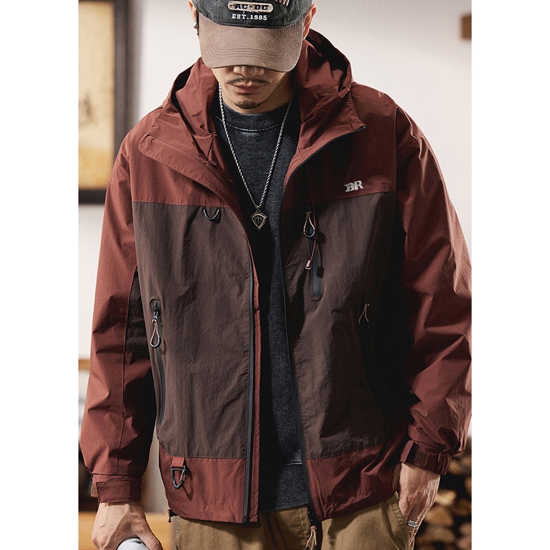 Zippered Spring Red Cotton Patchwork Coat Hooded Men Casual