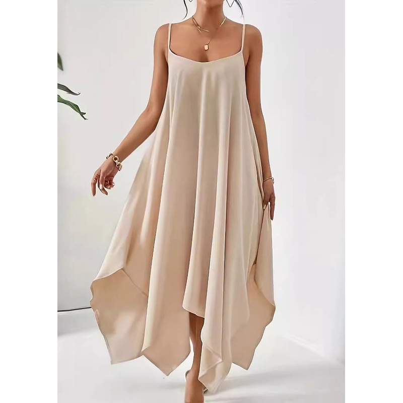 Apricot Strap Dress Simple Spaghetti Cotton Solid Asymmetrical