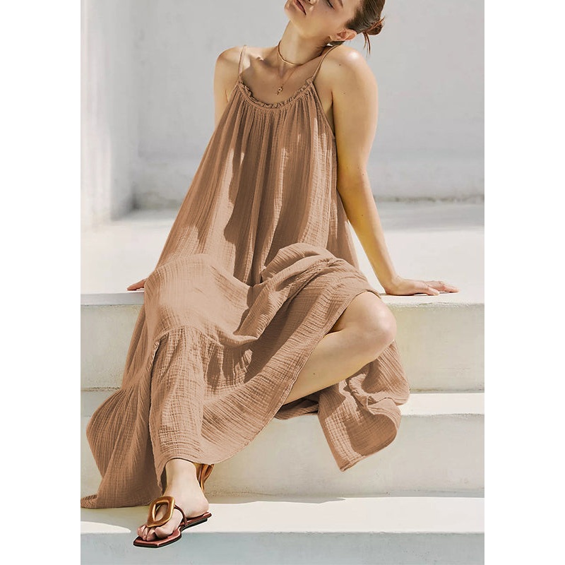 Art Sleeveless Khaki Dresses Spaghetti Backless Long Strap