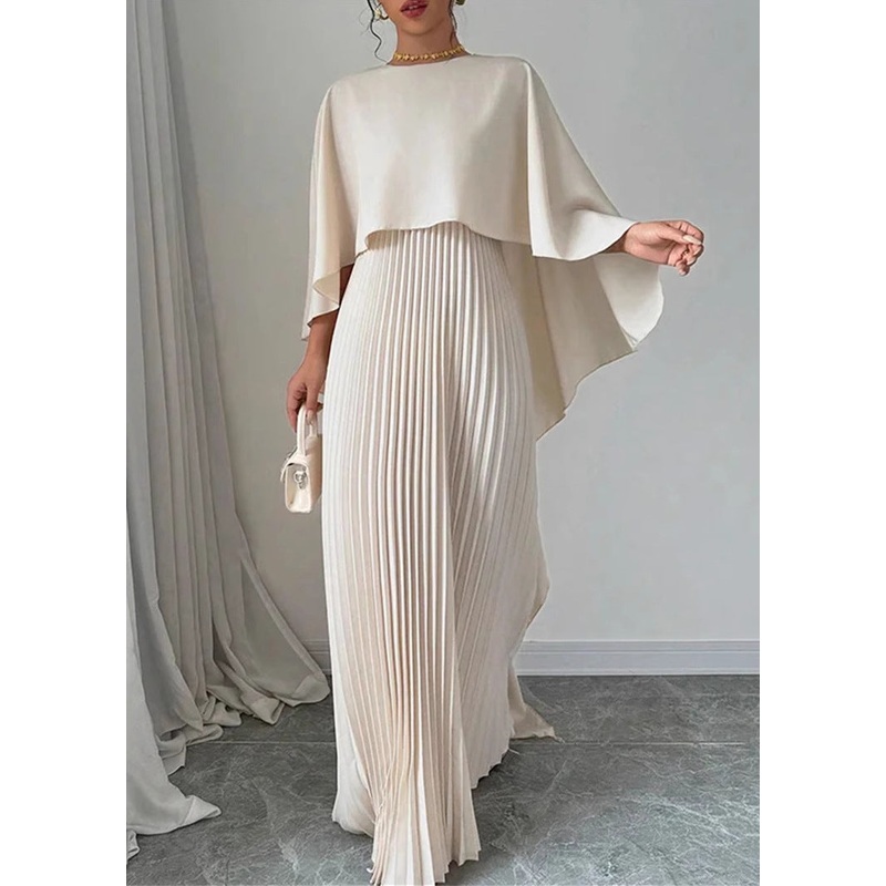 Batwing Patchwork Elegant Asymmetrical Long Sleeve Dress Beige