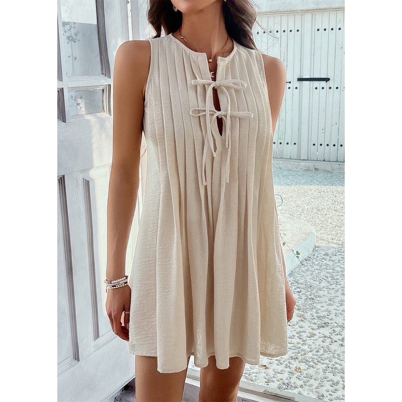 Bow Dress Loose Mid Cotton Apricot Sleeveless Wrinkled