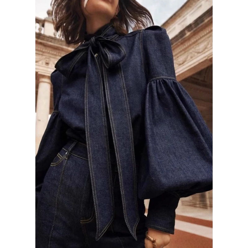 Bow Spring Patchwork Denim Shirt Collar Natural Blue Stand Dark