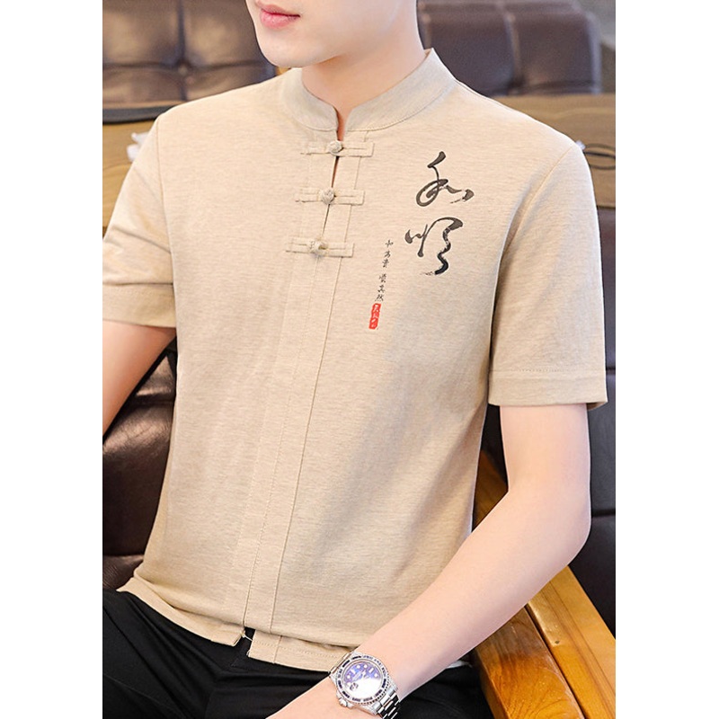 Collar Print Cotton Shirt Khaki Stand Mens Button T Summer