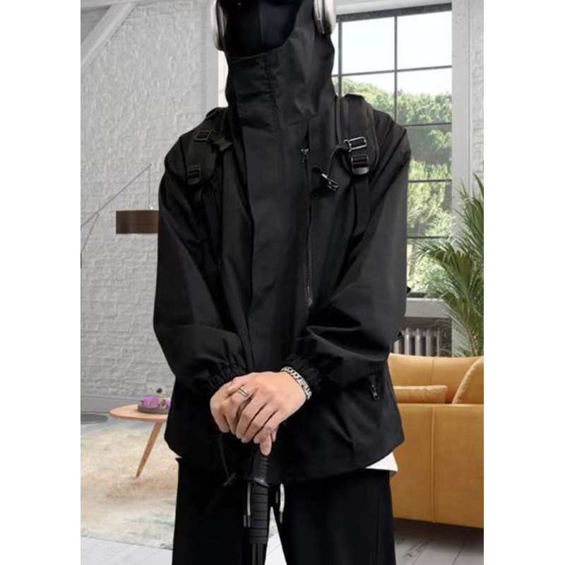 Cotton Black Oversized Zippered Simple Men Hooded Coat Spring