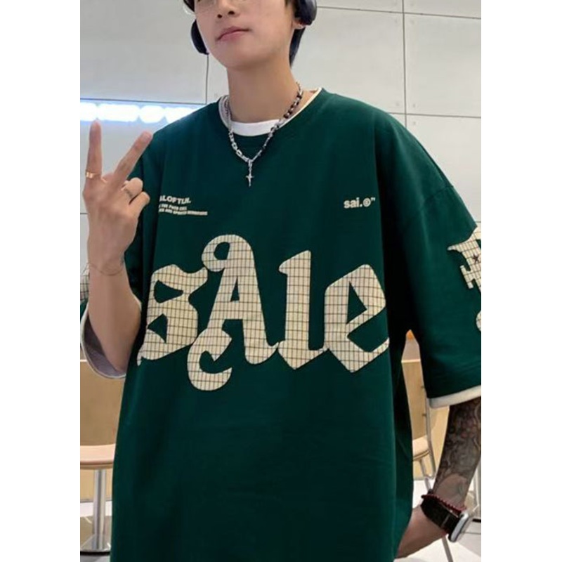 Cotton Casual Print Green False Pieces T Mens Shirt Two Summer