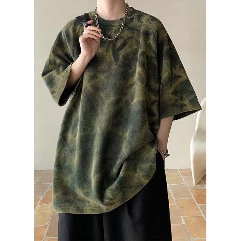 Cotton Mens Dye Shirt Army Sleeve T O-Neck Half Vintage Green Tie