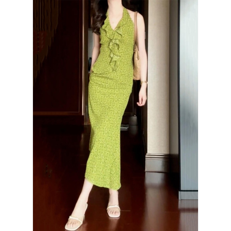 Cotton New Ruffled Dress Print Sleeveless Long Green