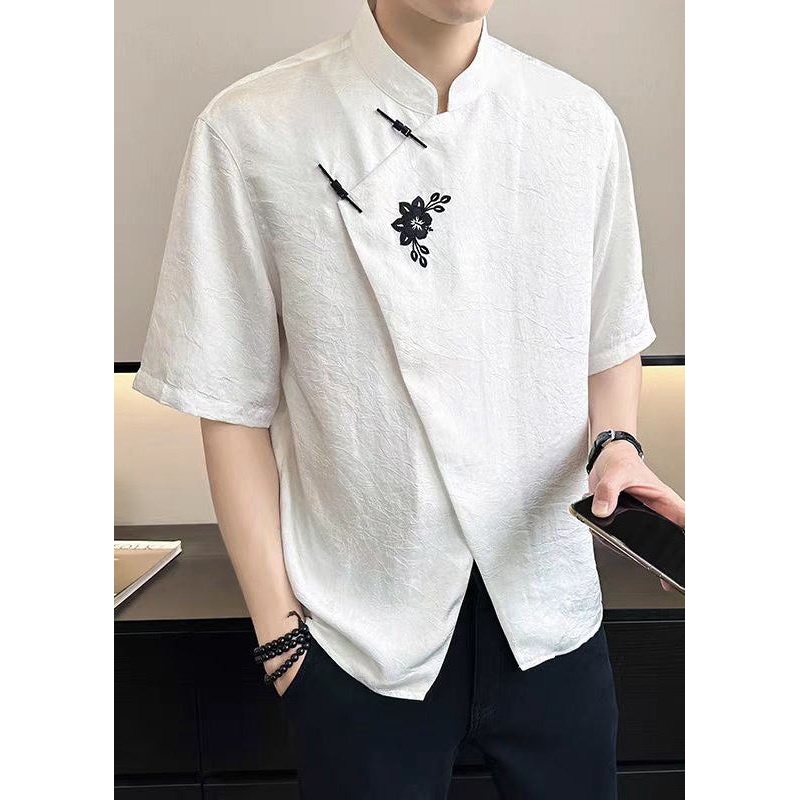 Cotton T French White Mens Asymmetrical Embroideried Summer Shirt