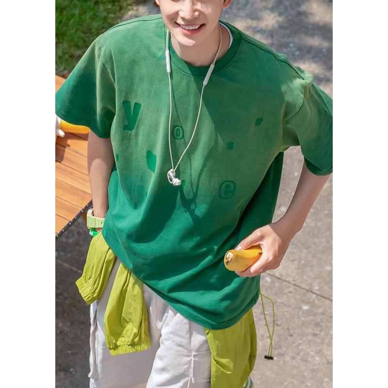 Cotton Vintage Gradient Men Summer Green T Letter Color Shirt