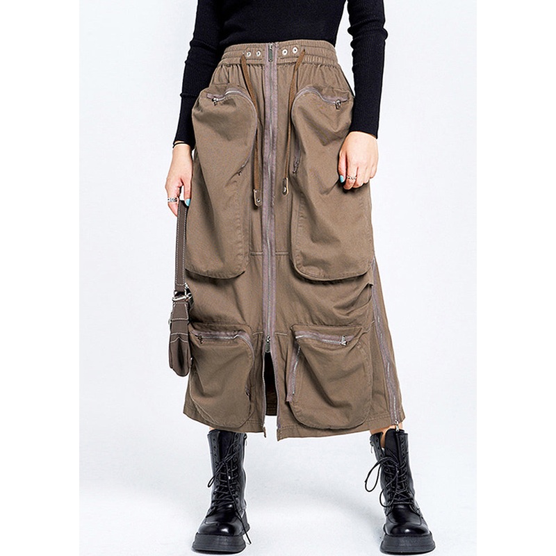 Cotton Waist Skirt Pockets Brown Loose Zippered Elastic Summer
