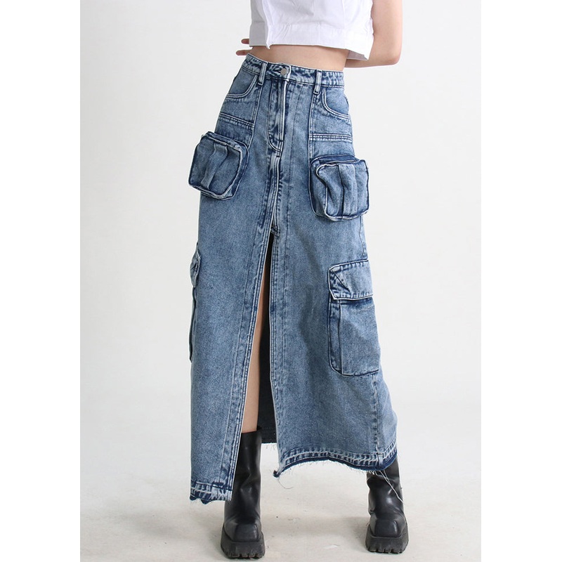Denim Blue Summer Open Pockets Modern Skirt Side