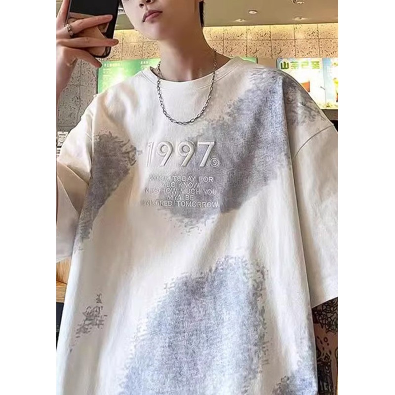 Dye Plus Embroideried Tie Cotton Half T White Size Men Shirts