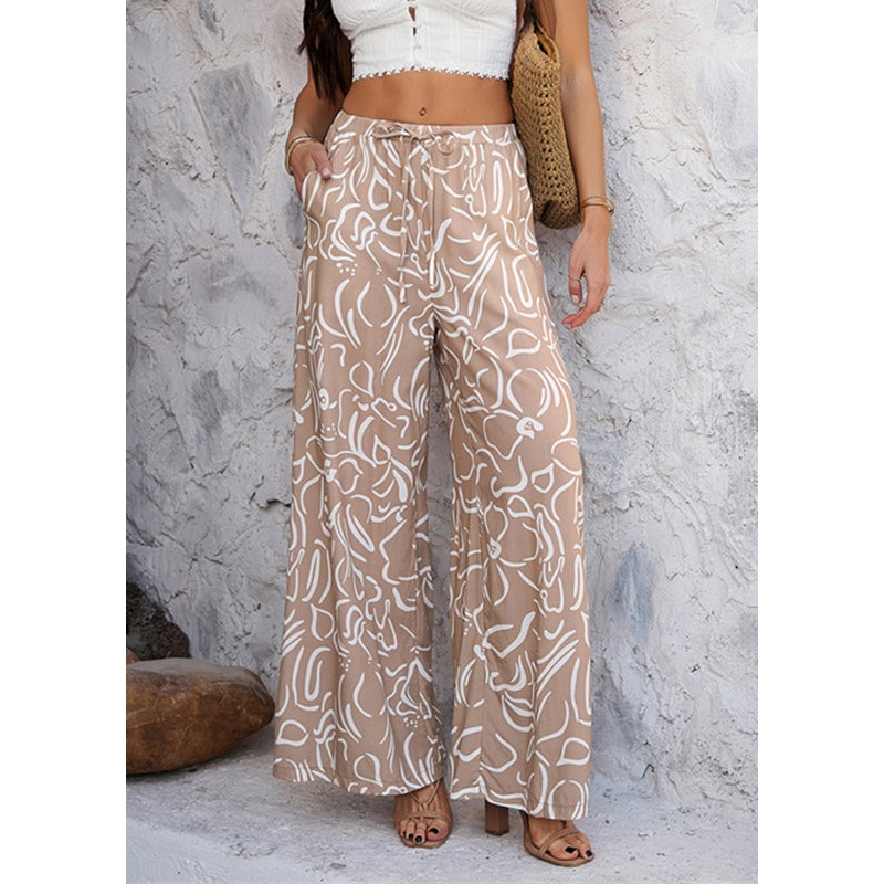 Elastic Leg Coffee Summer Pants Waist Holiday Wide Organic