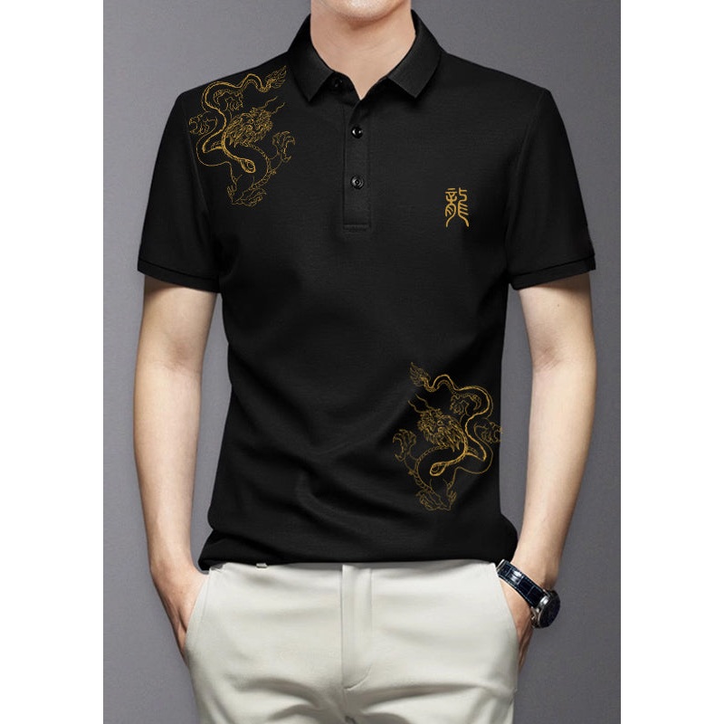 Fit Print Black Cotton Summer Shirt Men Polo Slim Button