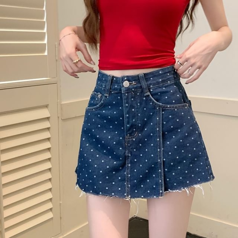 Fray Polka A-Line Rise Skirt Dot Mini Denim High