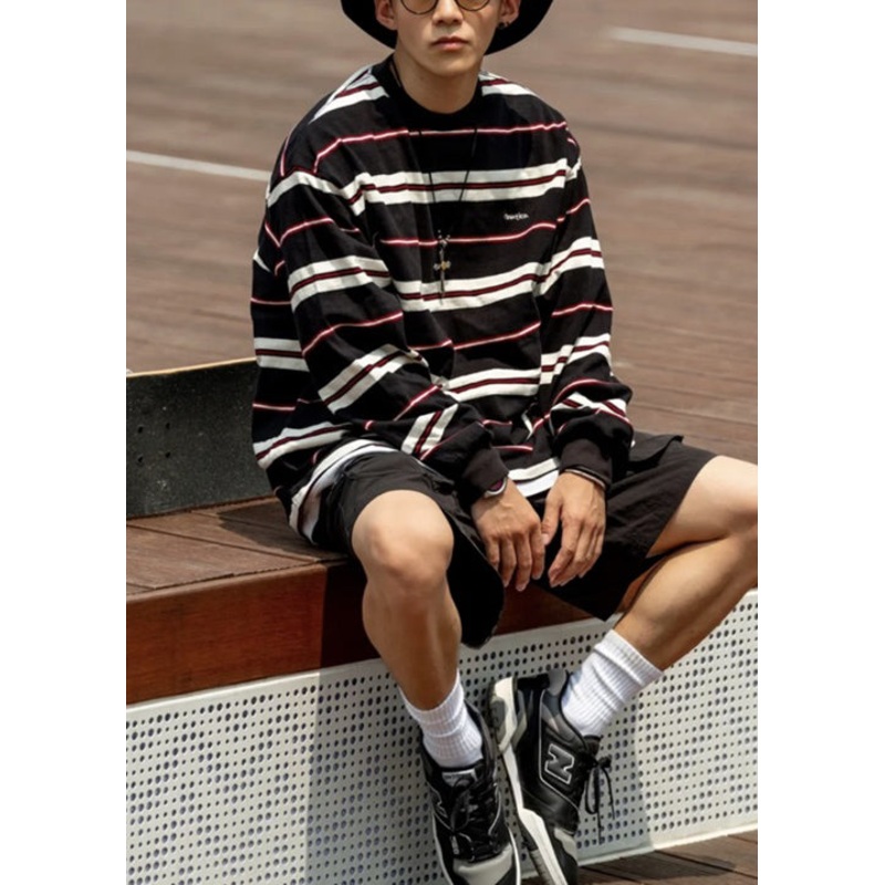 French Mens Red T Striped O-Neck Cotton Spring Shirts