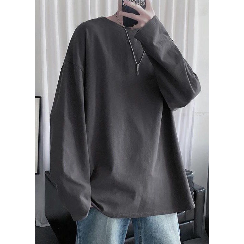 Gray T Mens Cotton Simple Neck Dark Spring Solid Shirt O