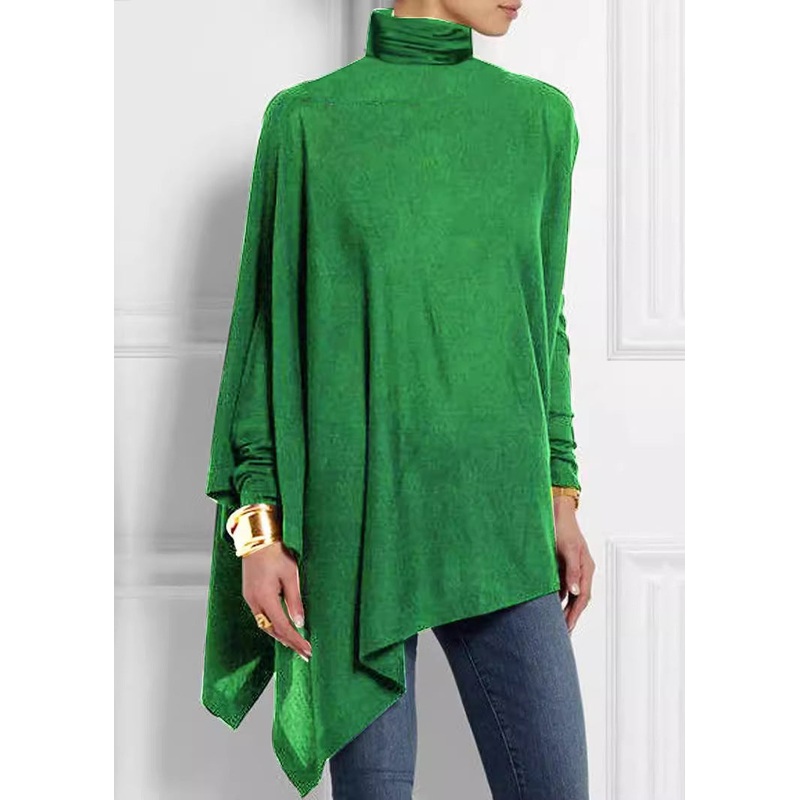 Green Loose Turtleneck Top Asymmetrical Spring