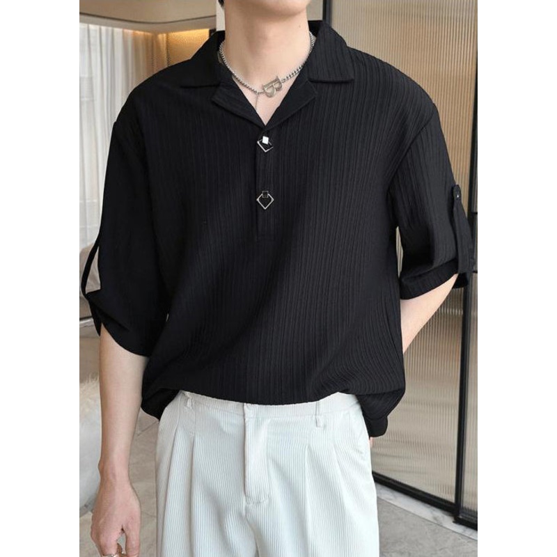 Half Polo Loose Black Cotton Sleeve Men Shirt Solid Wrinkled
