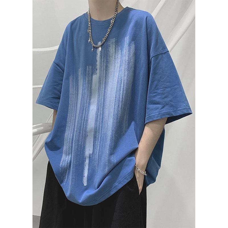Half Sleeve Print T Loose Men Cotton Shirt Blue Cozy