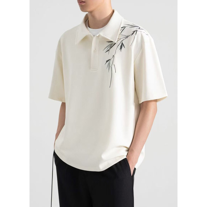 Loose Print Polo Button Apricot Shirt Cotton Mens Summer