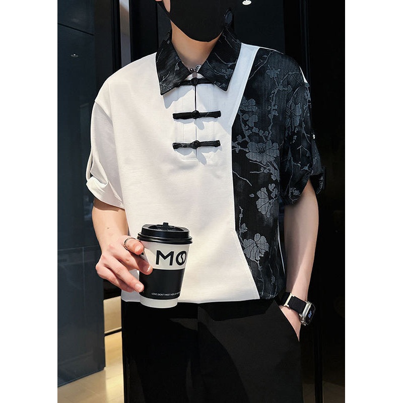 Print White Mens Cotton Patchwork Asymmetrical Stylish Polo