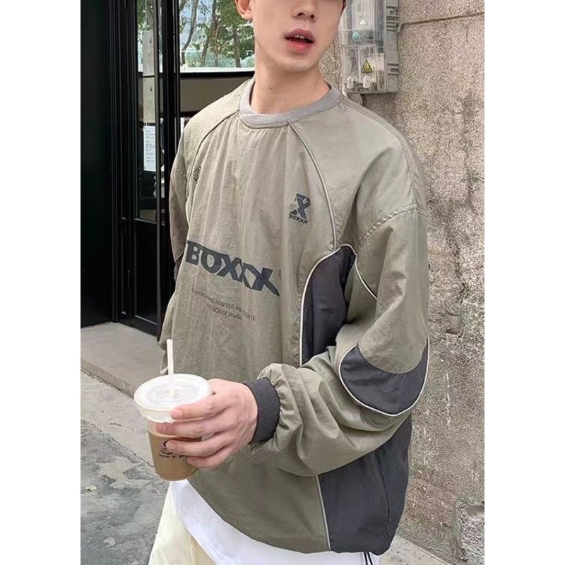Shirt T Letter Cotton Casual Drawstring Patchwork Green Mens