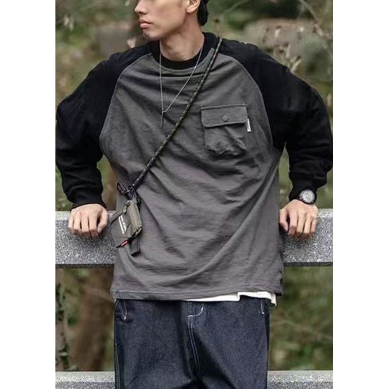Shirts Dark Patchwork Men Neck O Casual Gray T Cotton Pockets