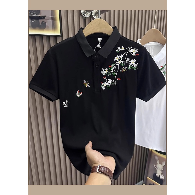 Shirts Polo Mens Summer Cotton Black Button Embroideried