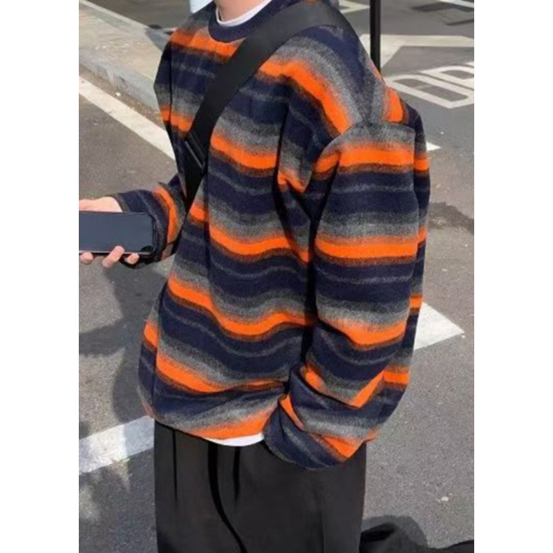 Striped New Shirts T Cotton Spring Men O-Neck Orange