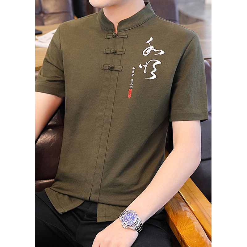 Style Mens T Cotton Shirt Chinese Collar Army Print Stand Green