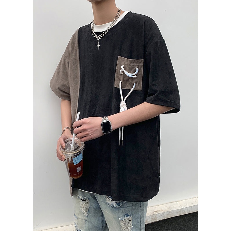 T Cool Men Half Pockets O Suede Shirts Neck Black Faux Patchwork