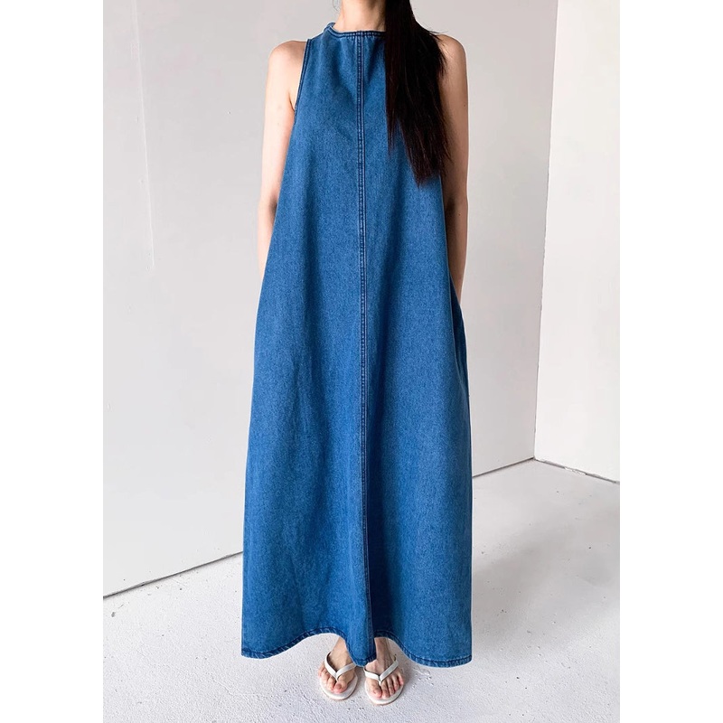 Up Blue Pockets Dresses Sleeveless Denim Long Lace French