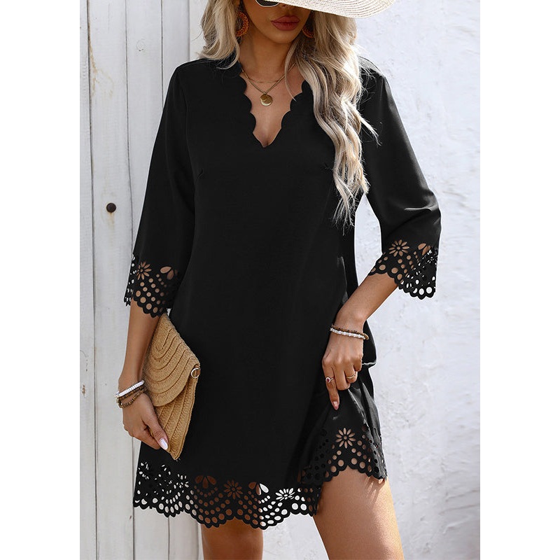 V Chic Neck Black Half Mid Dresses Line Sleeve A