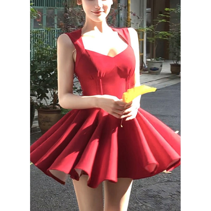 V New Sleeveless Zippered Cotton Mini Red Neck Dresses