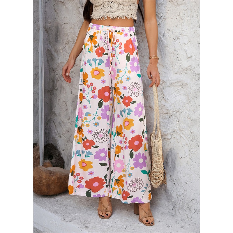 Vacation Rainbow Waist Print Dresses Trousers Tie