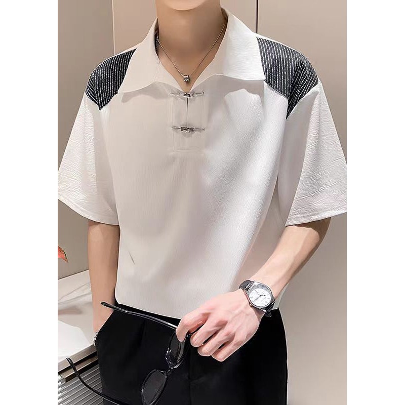 White Ice Shirts Art Silk Button Patchwork Polo Summer