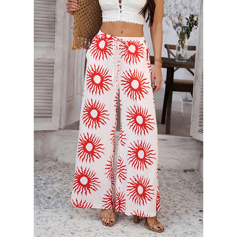 Wide Red Summer Pants Loose High Leg Waist Sunflower