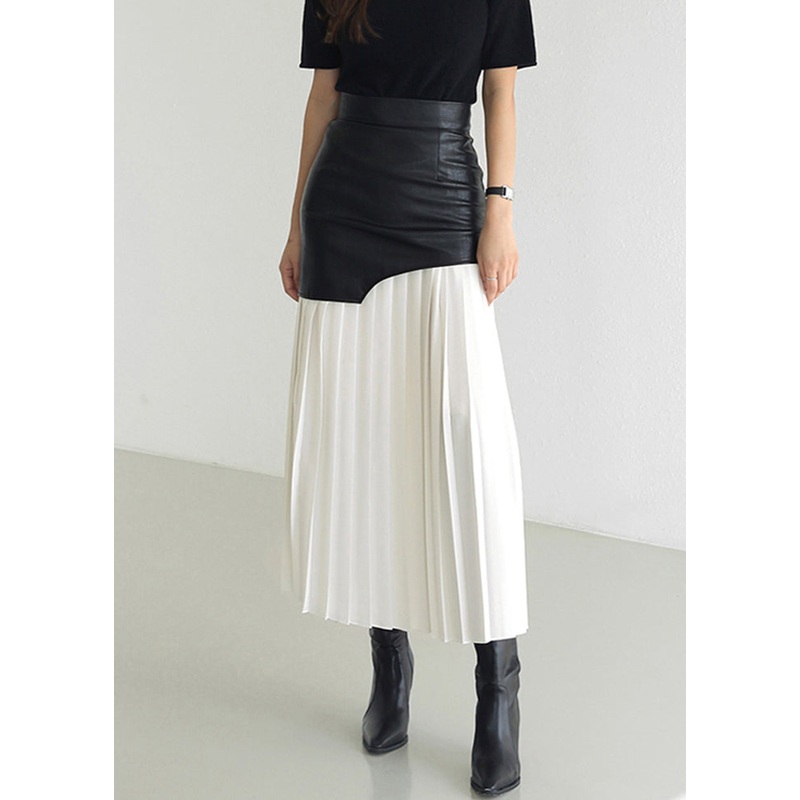 Wrinkled Faux Leather High Patchwork Waist Fit Skirt White Slim